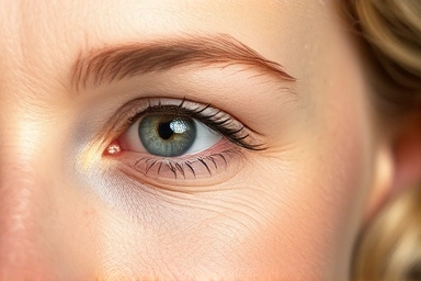 Woman's eye area with fine lines improving to smooth skin.